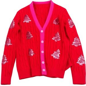 Festive Red Cardigan with Pink Sequin Tree Accents